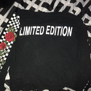 Rose and checkered sleeves black long sleeve top womens